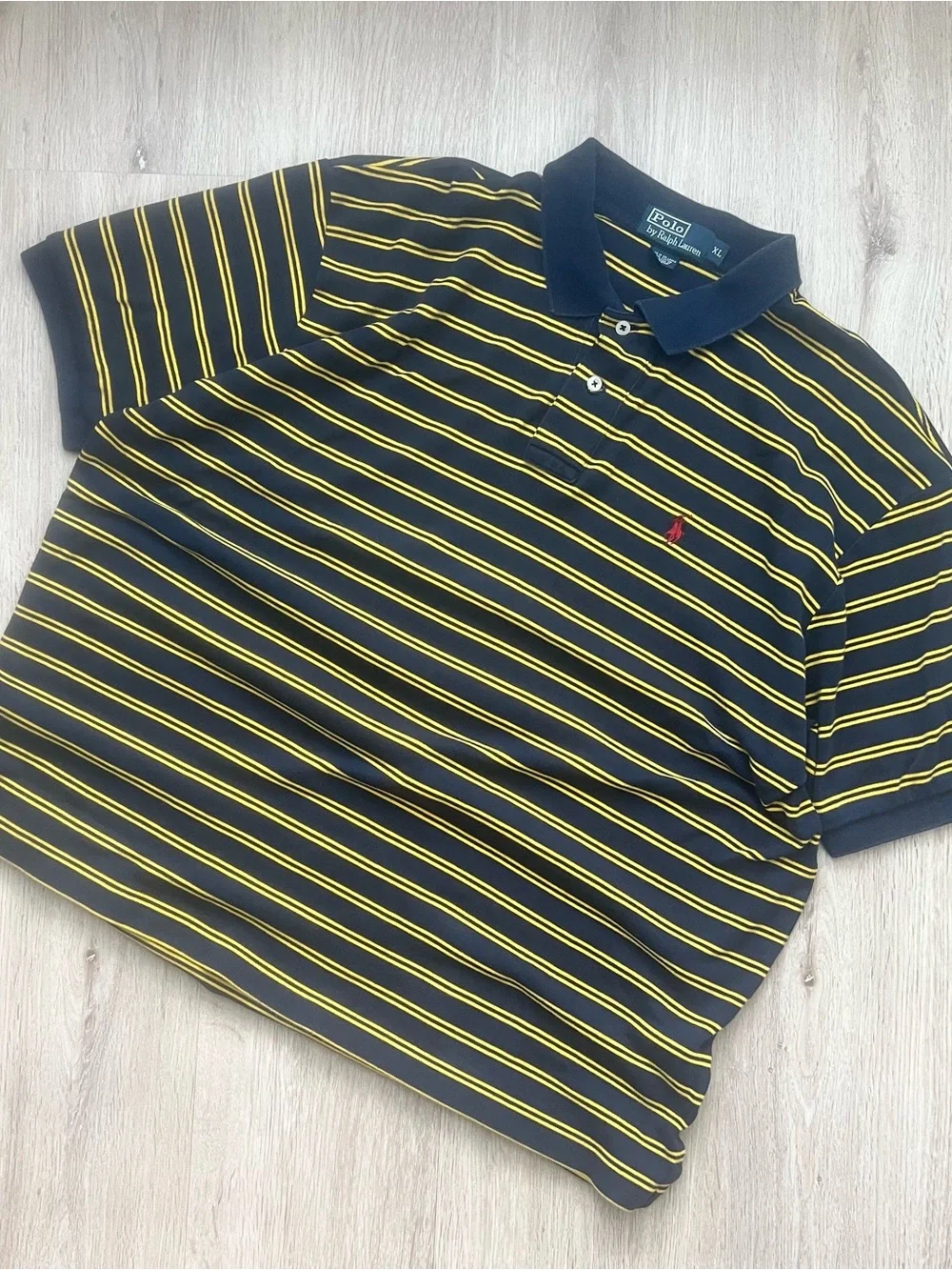 Vintage 90s Polo Ralph Lauren Striped Polo Shirt Mens XL Yellow Navy Preppy